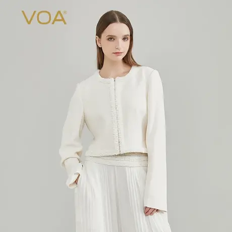VOA60姆米重磅真丝长空雪白圆领木耳花边装饰时尚小香风短外套女图片
