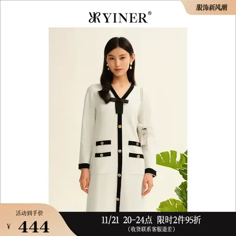 【美丽诺羊毛】YINER音儿线上专选女装秋季拼接毛织白色连衣裙图片