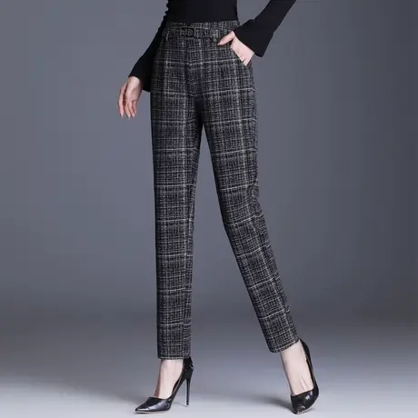 格子裤女秋冬宽松哈伦裤大码显瘦百搭中年直筒烟管裤秋季加厚长裤商品大图