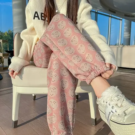 毛呢束脚哈伦裤女冬季羊绒加厚小个子高腰九分卡通印花休闲直筒裤图片