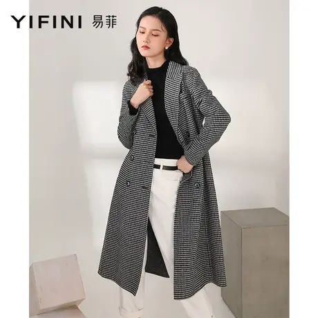Yifini/易菲冬季新款千鸟格双面呢外套气质大方中长款呢子大衣女图片