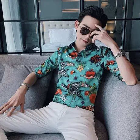 夏季男衬衫七分袖修身中袖花色潮牌个性ins快手潮流帅气短袖衬衣图片