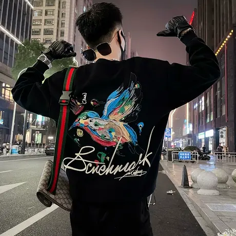 卫衣男秋季个性潮牌背面飞鸟重磅上衣长袖内搭休闲ins套头打底衫图片