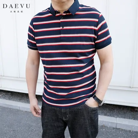 DAEVU夏新款美式休闲条纹大号潮胖子加肥加大码男士短袖POLO衫T恤商品大图
