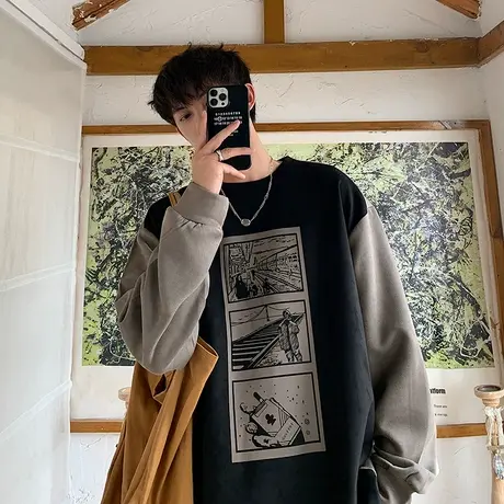 圆领卫衣男春秋季简画印花打底ins男生国风潮流宽松撞色拼接衣服商品大图