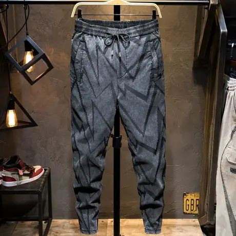 春夏潮牌不规则锯纹休闲裤九分运动裤子男松紧腰束脚小哈伦裤百搭商品大图