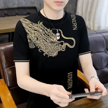 男士气质短袖t恤夏季潮流范帅气龙纹刺绣烫钻重工半袖衫冰丝体恤商品大图