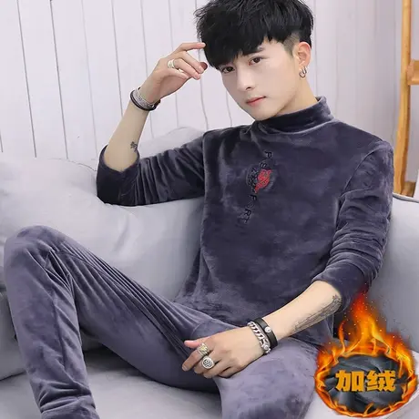 冬季金丝绒保暖内衣男士加厚加绒青年秋衣秋裤套装学生大童棉毛衫商品大图