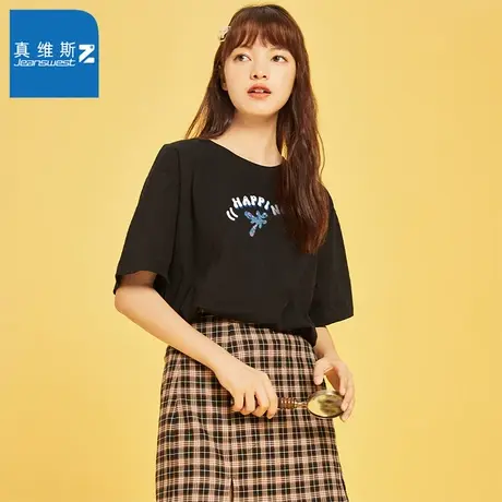 真维斯Z+女款夏季2023新款欧美休闲纯棉短袖上衣潮流圆领印花T恤图片