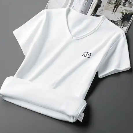 短袖t恤男秋冬潮流V领上衣服印花白色半袖加绒加厚保暖内搭打底衫商品大图