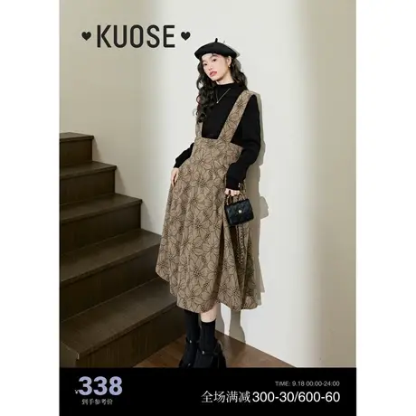 阔色复古棕色背带裙灯芯绒吊带连衣裙女2023秋冬新款百褶裙长裙子图片