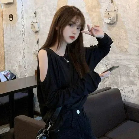 露肩打底衫长袖T恤女春季新款胖mm大码女装韩版宽松纯色上衣200斤商品大图