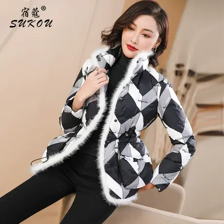 带毛条黑白格子短款羽绒服女2024新款修身保暖冬季白鸭绒轻薄外套图片
