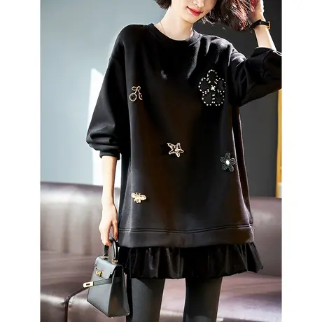 宝诗黎中长款加绒钉钻卫衣女2023秋冬新款拼接假两件圆领套头上衣商品大图