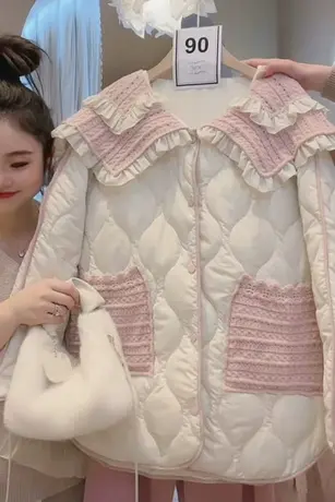 抖音爆款欧洲站加厚棉服宽松显瘦百搭减龄娃娃领时尚撞色夹棉外套图片