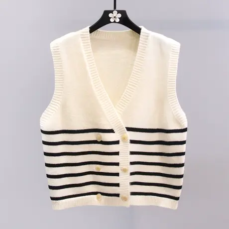 双排扣学院风条纹针织开衫马甲女秋冬2023新款宽松休闲坎肩上衣图片