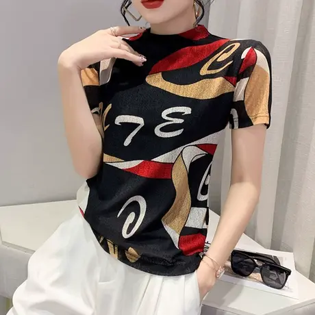 时尚网纱T恤女短袖洋气百搭半高领打底衫欧货修身上衣别致体恤ins商品大图