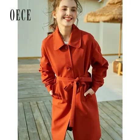 Oece春装新款Chic复古法式大气翻领收腰中长款风衣外套图片