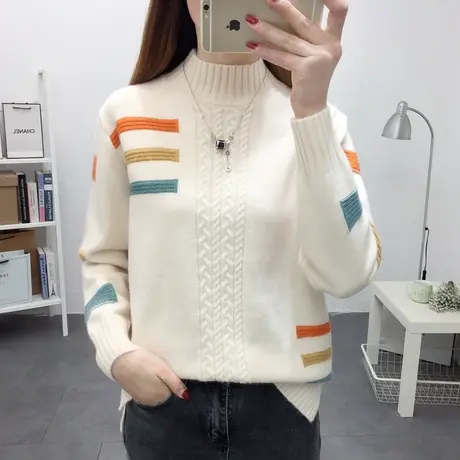 秋冬半高领宽松加厚毛衣女字母提花针织打底衫洋气外搭麻花上衣潮商品大图