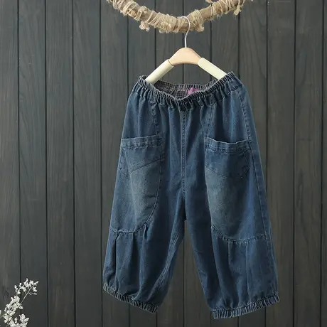 复古拼接五分牛仔裤女夏季薄款哈伦裤2022新款松紧腰宽松大码中裤商品大图