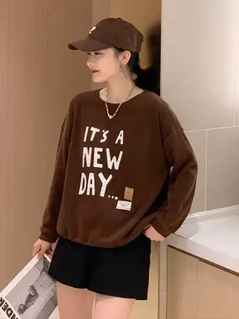 字母印花圆领休闲时尚减龄卫衣女长袖大码遮肉显瘦宽松套头上衣秋商品大图