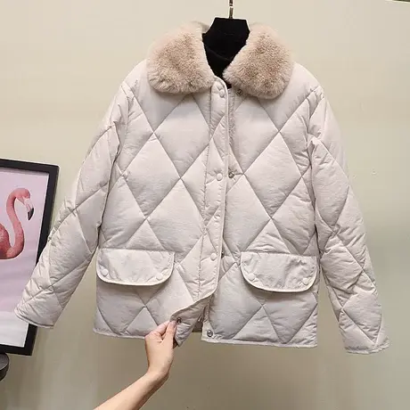 菱格棉服女短款宽松韩版2023新款冬季毛领外套森系复古面包服棉衣商品大图