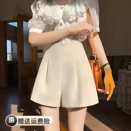 2024夏天新款卡其色西装短裤女高腰宽松a字版休闲阔腿裤显瘦遮胯图片