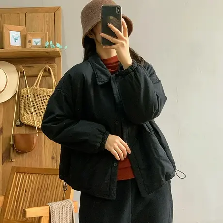 dza 复古宽松polo领棉衣外套女冬季新款棉袄上衣宽松短款纯色棉服图片