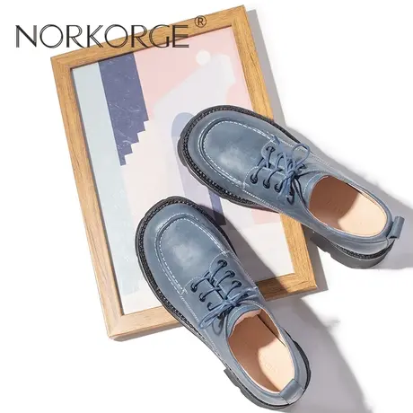 2025新款复古英伦蓝色小皮鞋女单鞋真皮增高女鞋厚底JK乐福鞋荔枝图片