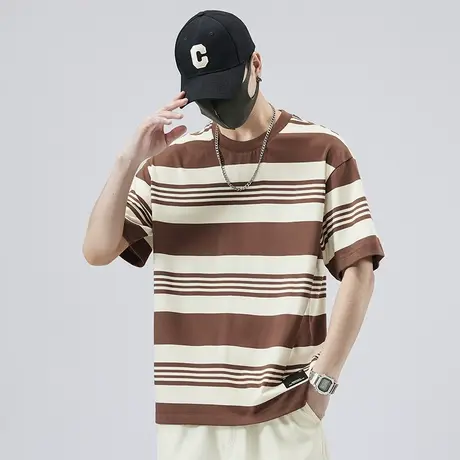 夏季条纹中年爸爸短袖t恤男士圆领体恤男装宽松休闲上衣男款夏天图片