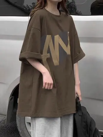 美式复古短袖t恤女夏2023新款hiphop设计感咖色显瘦ins潮情侣上衣商品大图