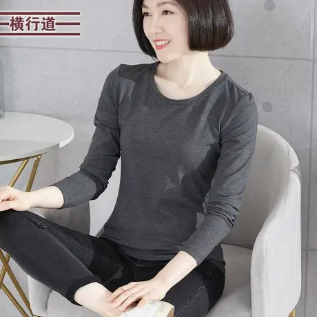 2024春装新款大码女士圆领长袖纯色上衣服打底衫女装t恤外穿小衫商品大图