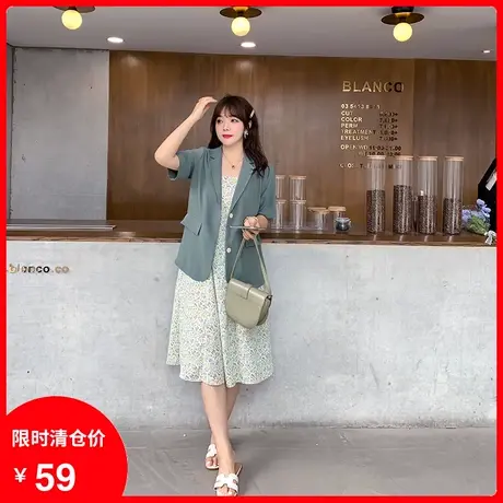 【清仓】季新款休闲宽松百搭绿色显瘦大码胖MM短袖西装外套女薄款图片