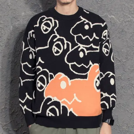 小众设计卡通涂鸦提花毛衣潮男2021新款宽松打底衫情侣上衣针织衫图片