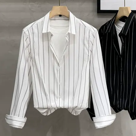 日系条纹衬衫男免烫韩版潮流修身高端男士衬衣长袖春秋冬2023新款商品大图