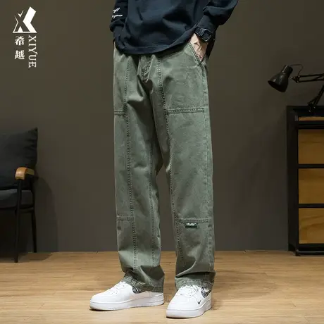 时尚绿色休闲裤男款秋冬大码宽松微弹男裤纯棉拼接直筒工装裤子男商品大图