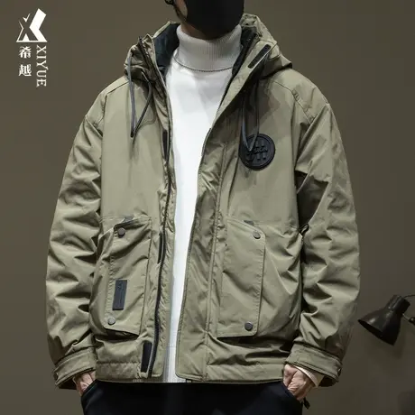 冬季工装风羽绒服男士白鸭绒加厚连帽夹克宽松大码户外防风冲锋衣商品大图