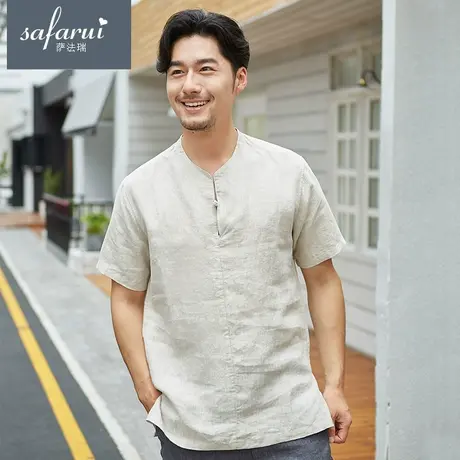 亚麻短袖T恤男夏季薄款宽松棉麻中国风男装男士休闲盘扣套头衫商品大图