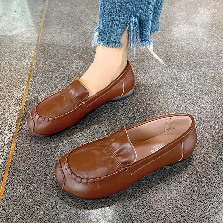 女鞋2023新款秋季一脚蹬平底浅口豆豆单鞋妈妈软底软面休闲小皮鞋商品大图