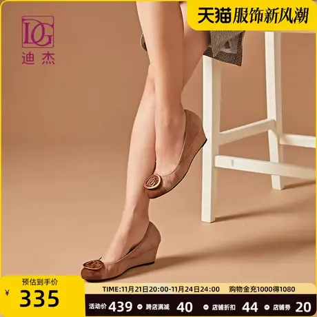 真皮浅口坡跟单鞋女增高羊猄皮2025新款春秋圆头百搭舒适妈妈鞋商品大图