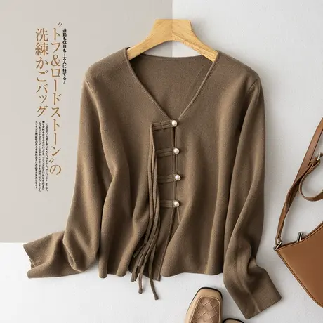 享永子【温婉新中式风】流苏盘扣软糯开衫文艺复古V领针织外套女商品大图