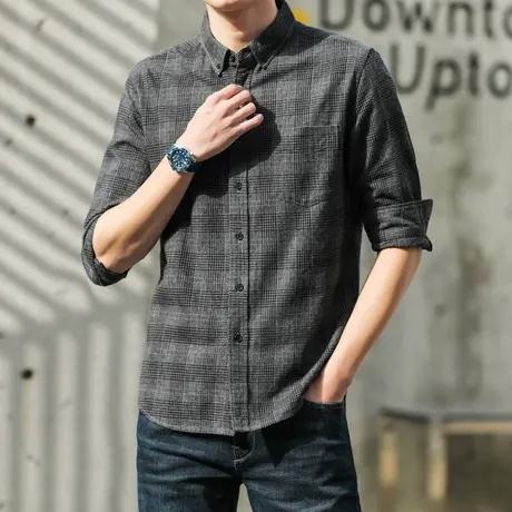 格慕施春秋磨毛格子衬衫男士长袖大码商务休闲纯棉法兰绒衬衣男装图片