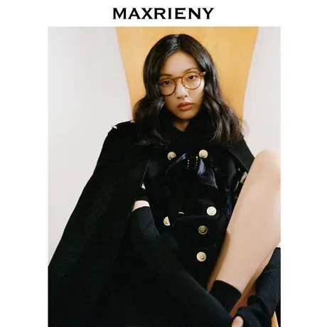 MAXRIENY双排扣A子廓形斗篷冬季新款女装复古钉钻丝绒外套商品大图