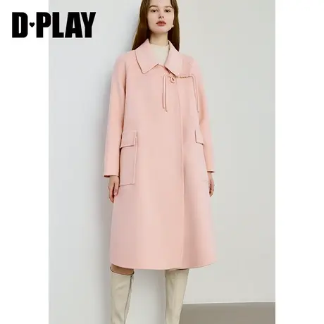DPLAY2024春新中式国风粉色盘扣中长款宽松羊毛双面呢大衣外套商品大图