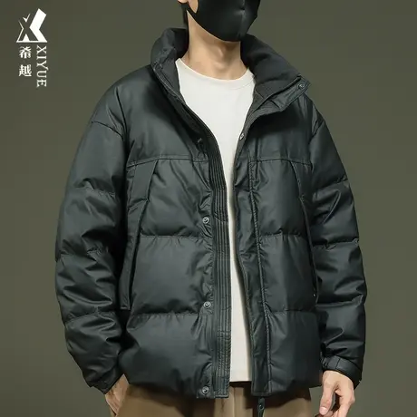 希越新国标鸭绒羽绒服冬季美式保暖外套宽松大码男士PU皮面包棉服商品大图