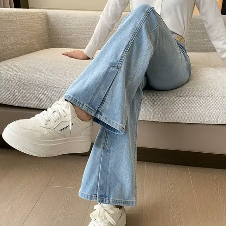 浅蓝色喇叭裤女2024春秋新款高腰显瘦小个子开叉微喇拖地牛仔裤潮商品大图