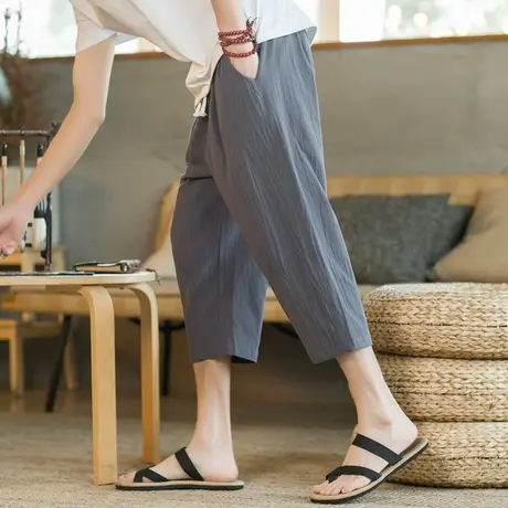 夏天七分裤男休闲短裤潮流宽松裤子夏季棉麻男士薄款7分裤潮夏装商品大图