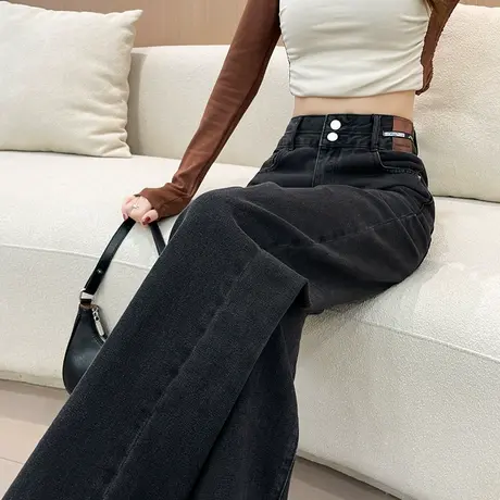 黑色直筒牛仔裤女春秋2024新款高腰显瘦窄版遮胯百搭阔腿拖地裤子商品大图