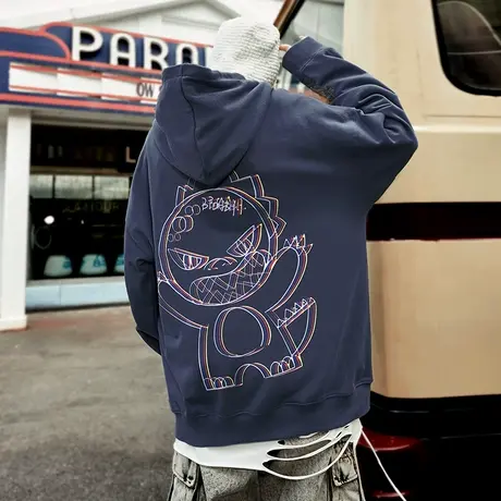 卫衣外套男hiphop国潮风线条幻影小怪兽联名款加绒加厚带帽衣服女商品大图