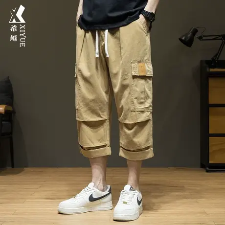 希越雾感纯棉卡其色七分裤男士2024春夏宽松大码工装夏季休闲中裤商品大图